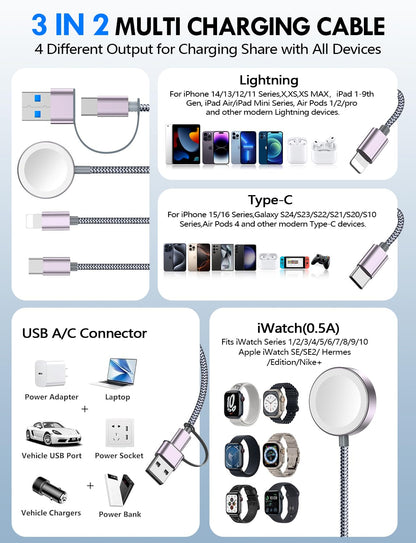 Travel Essentials for Apple Watch Charger,3-in-2 Multi Charging Cable