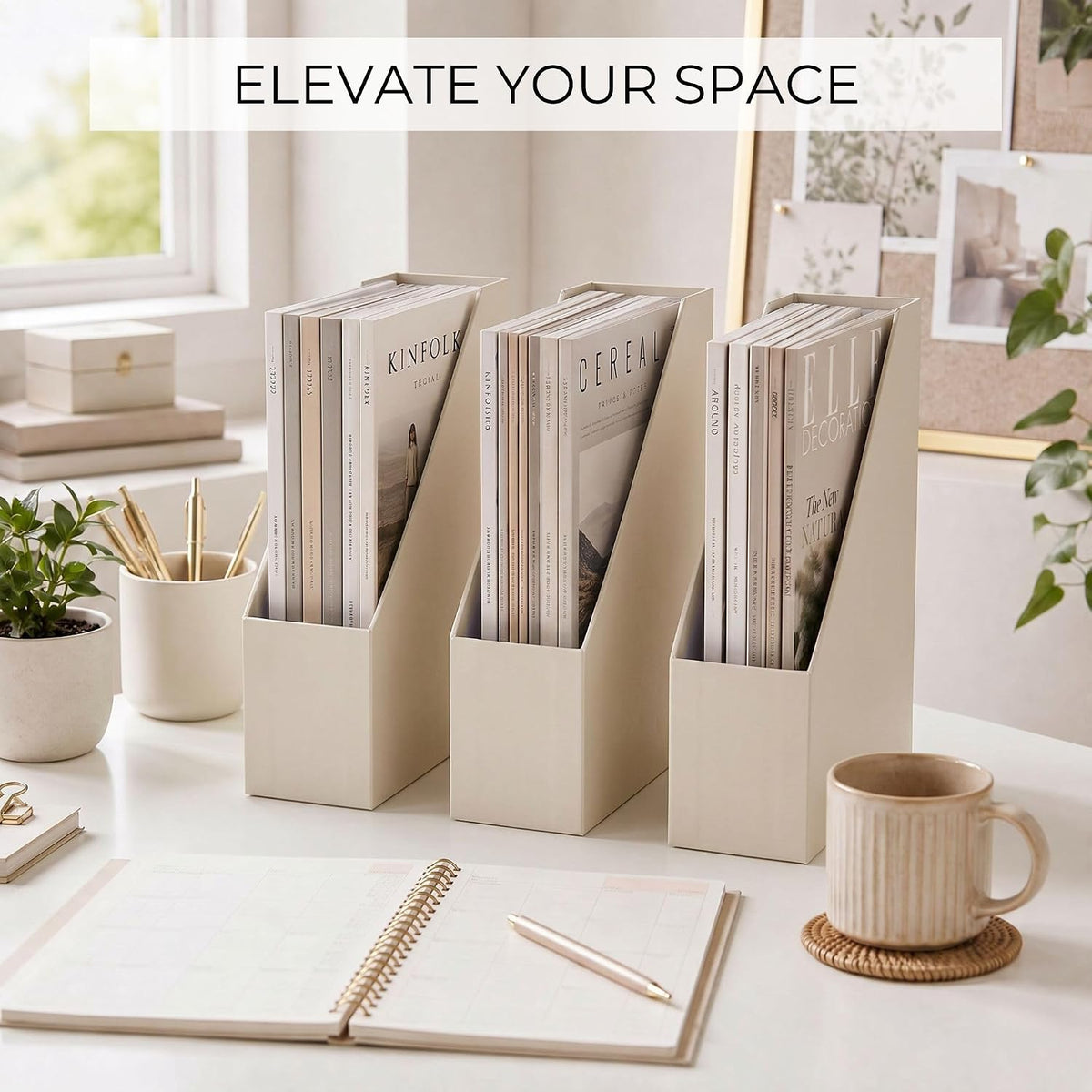 Beautiful Magazine Holder Set of 3 - Sturdy File Holder for Desk or Shelves