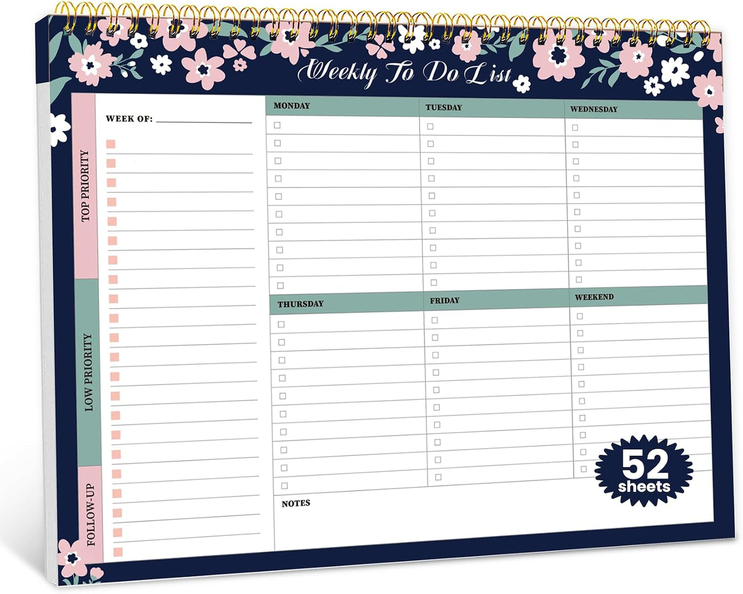 Weekly To Do List Notepad with 52 Undated Sheets（8.5"×11"）- Undated Weekly Planner Notepad for Office Desk Accessories and Supplies - Sunshine Petal
