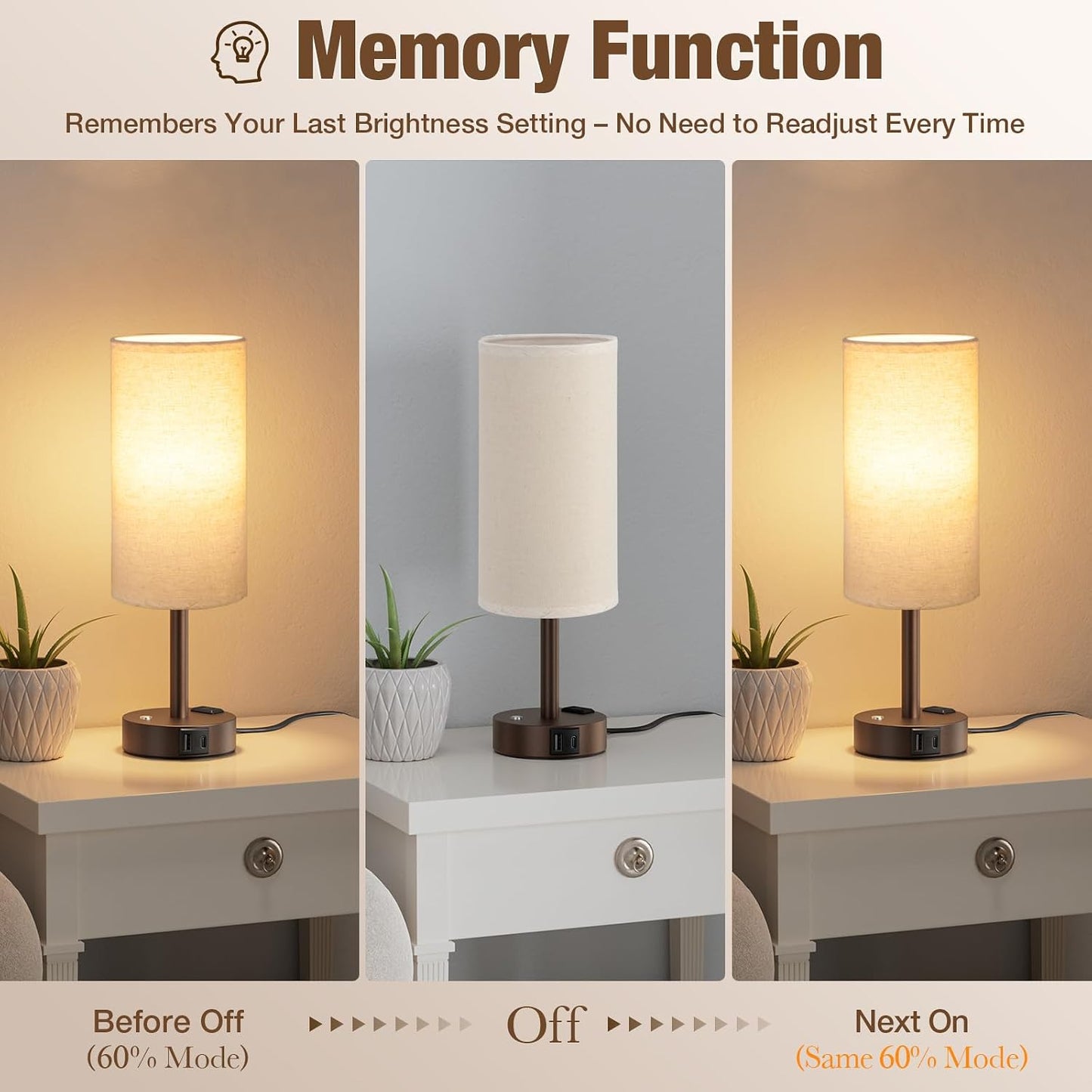 Touch Bedside Table Lamp with Memory - Stepless Dimmable Lamp for Bedroom, Small Nightstand Lamp with Dual USB Charging Ports and AC Outlet, Wood Night Light, Desk Lamp for Nursery, Living Room, Dorm