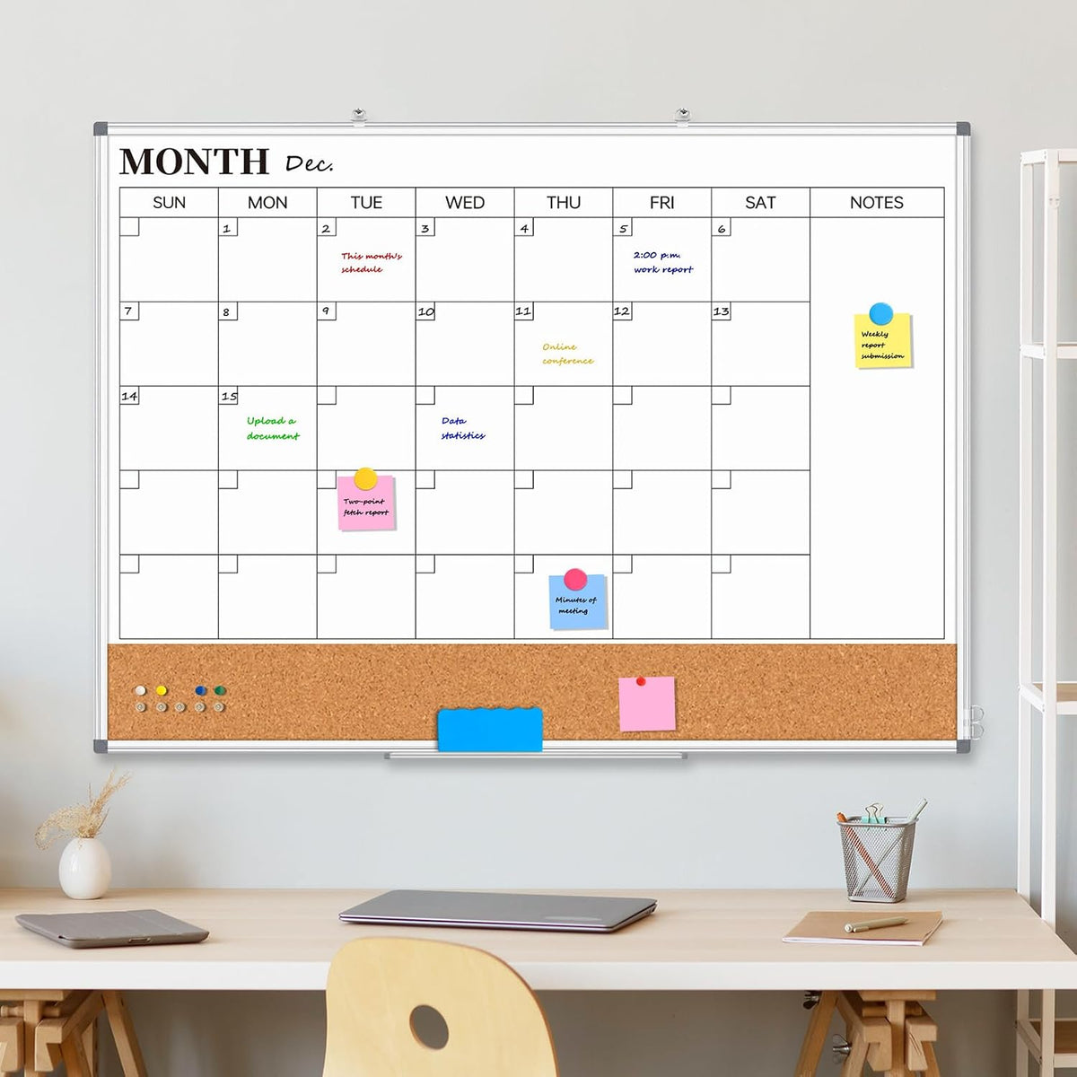 Weekly Dry Erase Calendar Whiteboard for Wall, 24" x 18" Cork Week Planner