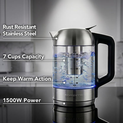 OVENTE 1.8L Glass Electric Kettle with Tea Infuser, Silver KGD752S