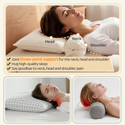 LOFE® Buckwheat Pillow - 3 Point Support Buckwheat Hull Pillow for Less Pain, 2IN1 Tartary Buckwheat Neck Roll Pillow for Best Support, Adjustable Cervical Neck Pillow with Organic Cotton Pillowcase