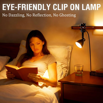 CRI 90+ Eye-Care Clip Light for Reading, 6W Small Clamp Lamp for Desk, Flexible Gooseneck Clip Lamp for Bed Headboard with 3 Color Modes & 10 Brightness(Adapter Include)