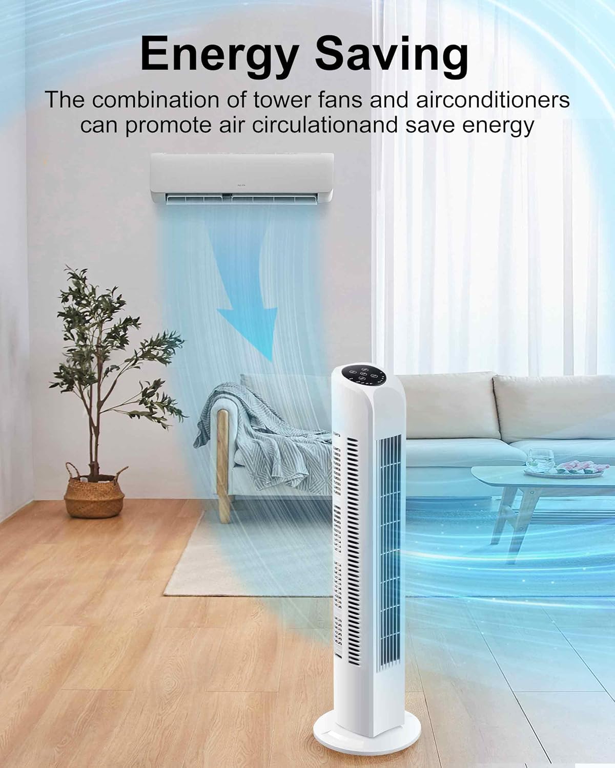 Uthfy Oscillating Tower Fan for Bedroom, Portable Standing Fan with Remote, 3 Modes 3 Speeds, 7.5H Timer, 120° Quiet Cooling for Living room, Office, Black