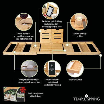 Temple Spring Bamboo Bathtub Tray Caddy for Tub — Expandable Wood Bath Tray with Solid Book Stand Wine Holder and Non-Slip Pads — Includes Bamboo Soap Dish and Spa Accessories — Luxury Bath Gift Set