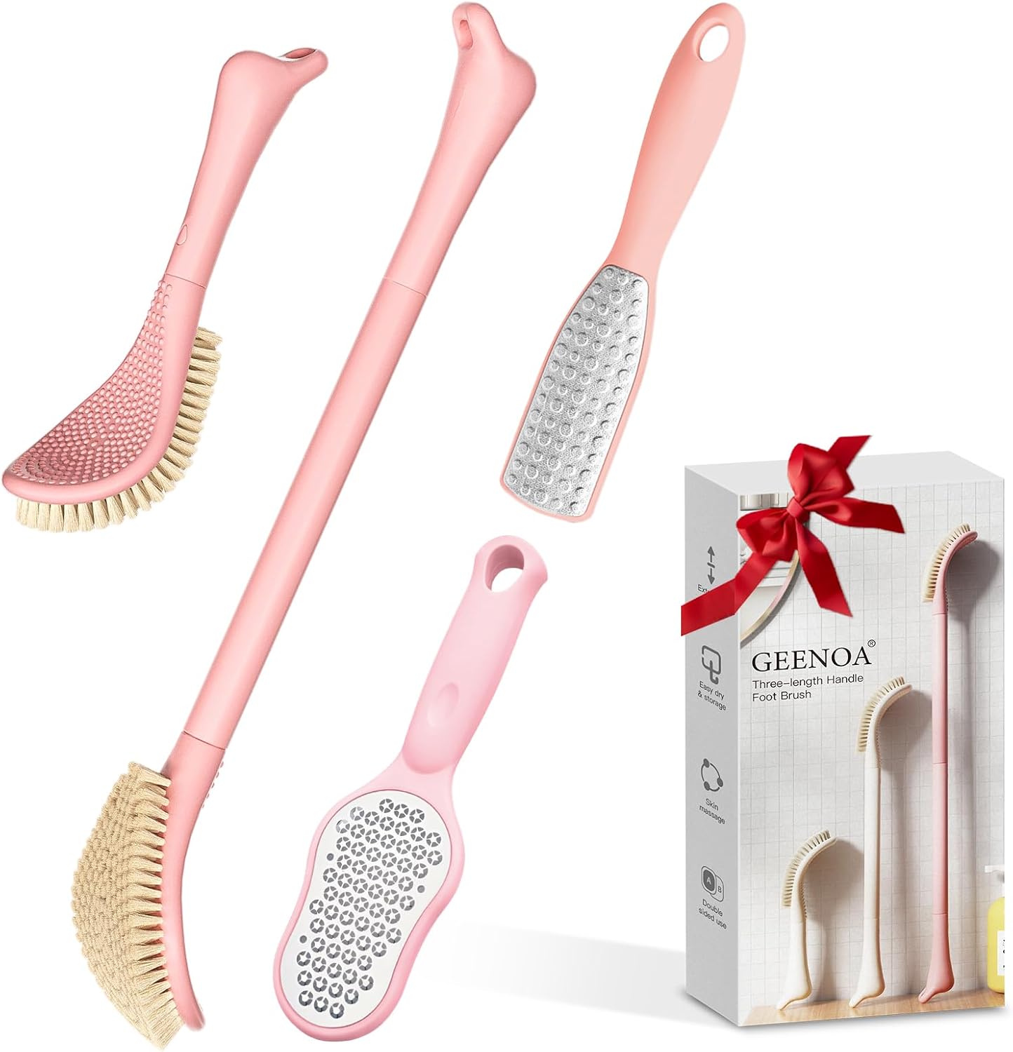 New Foot Brush with Adjustable Long Handle, 3-in-1 Foot Scrubber for Wet or Dry Brushing, 10.2’’- 27.5’’ Foot Scrub Brush for Senior, Pregnant, Disabled, or Injured, Gift-Box Packed(White)