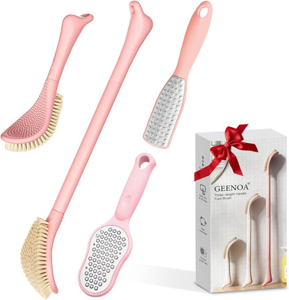 New Foot Brush with Adjustable Long Handle, 3-in-1 Foot Scrubber for Wet or Dry Brushing, 10.2’’- 27.5’’ Foot Scrub Brush for Senior, Pregnant, Disabled, or Injured, Gift-Box Packed(White)