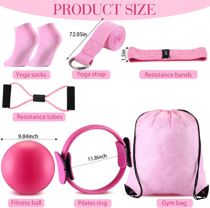 Poen Pilates Equipment Kit for Home Workout Pilates Ring and Ball Set for Women 12'' Circle Yoga Fitness Essentials Kit with Resistance Bands, Yoga Strap, Socks,Bag