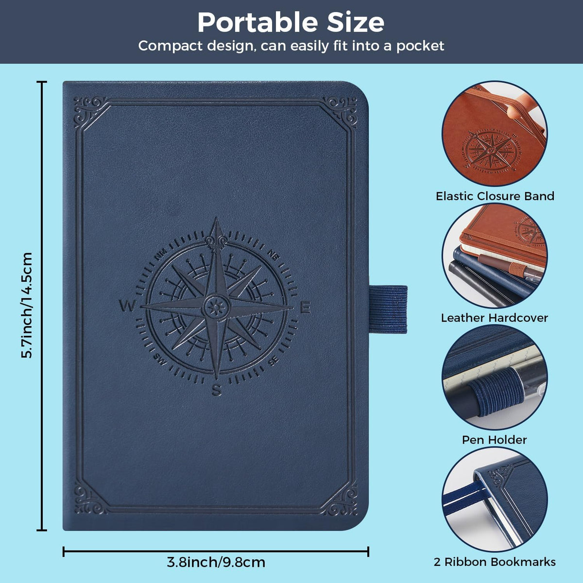 Small Notebook Pocket Journal, A6 3.7" x 5.7", 3 Pack, Black Leather Cover