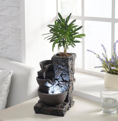 MAOCHI Indoor Tabletop Water Fountain with Planter Pot, Small Desk Waterfall with Cool LED Lights, Zen Decor for Office, Home & Bedroom, Calming Meditation Relaxation Gifts for Plant Lovers