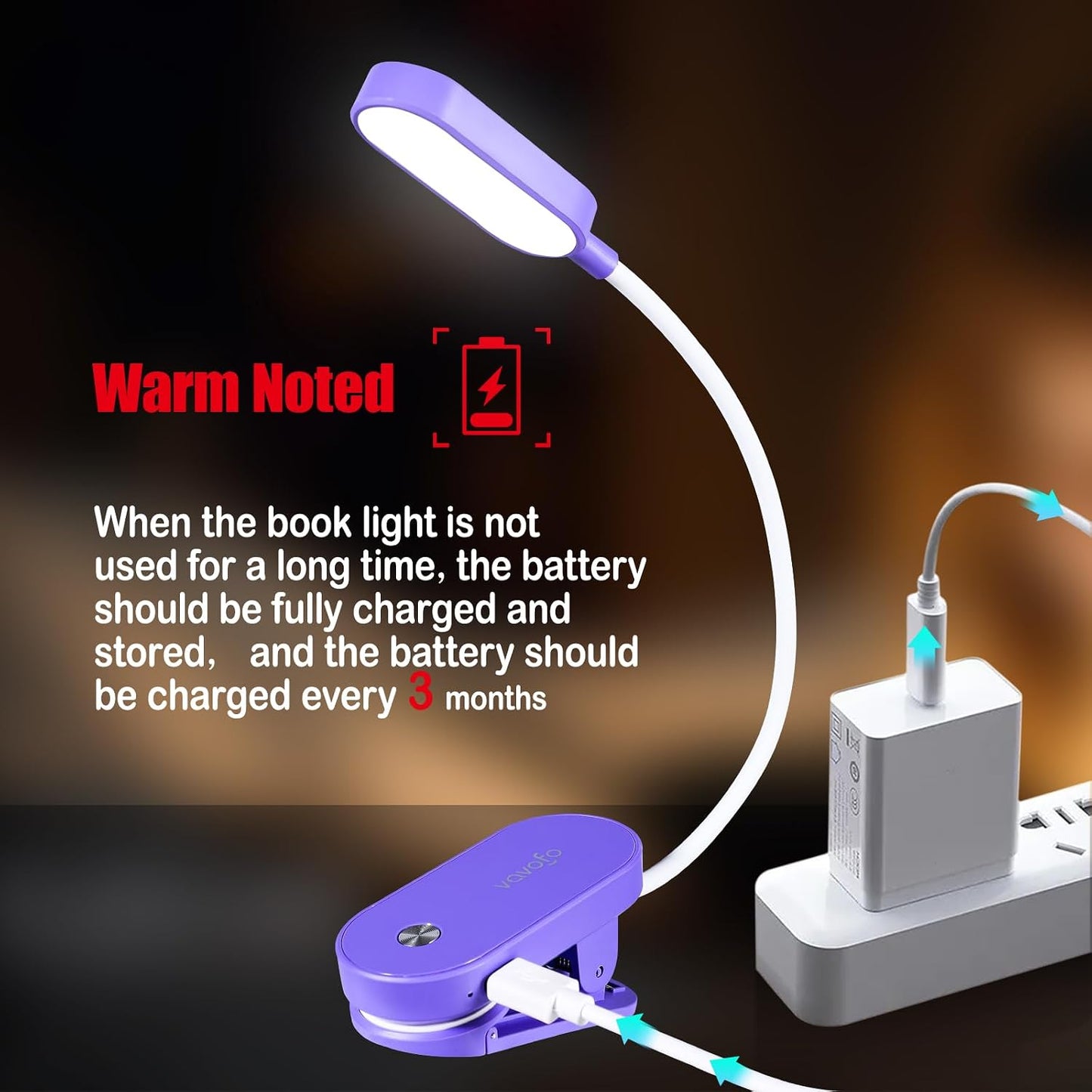 VAVOFO Rechargeable Book Light, 14 LEDs Eye Care Clip On Amber Reading Light for Bookworms Reading in Bed with 9 Colors 9 Brightness (White-Blue)