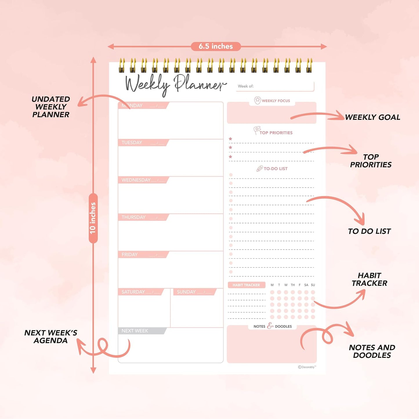 Decorably 52 Sheets Blue Undated Weekly Planner Notepad - 6.5x10in Spring-Bound, Easy Tear-Off Design, with Focus, Priorities, to-do List, Habit Tracker & Notes - Home, School, Office