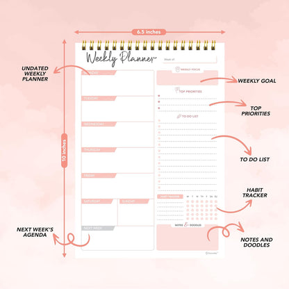 Decorably 52 Sheets Blue Undated Weekly Planner Notepad - 6.5x10in Spring-Bound, Easy Tear-Off Design, with Focus, Priorities, to-do List, Habit Tracker & Notes - Home, School, Office