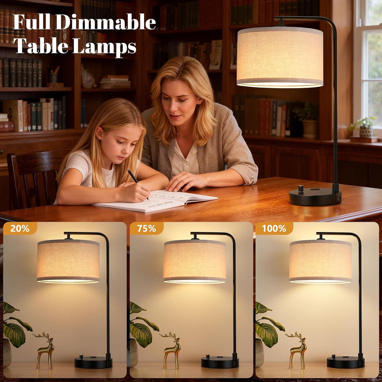 Innqoo Bedside Table Lamps for Bedroom Set of 2-Dimmable Nightstand Lamps with USB Port and Outlet,Modern Gold Lamps with Linen Shade,Tall Desk Lamps for Home Office Bedroom Living Room End Table