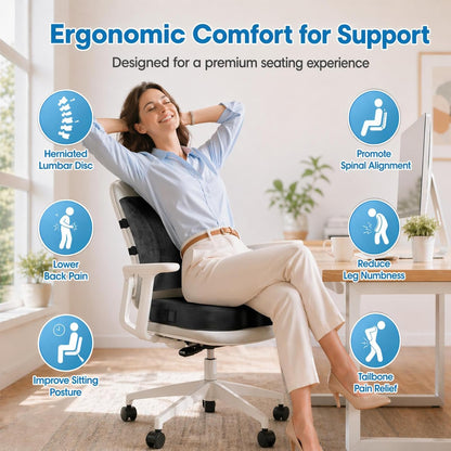 CloudBliss Lumbar Support Pillow & Seat Cushion Set for Office Chair, Desk Chair, Wheelchair & Car – Memory Foam Back Support, Ergonomic Chair Cushions, Sciatica Pain Relief, Home Essentials, Black
