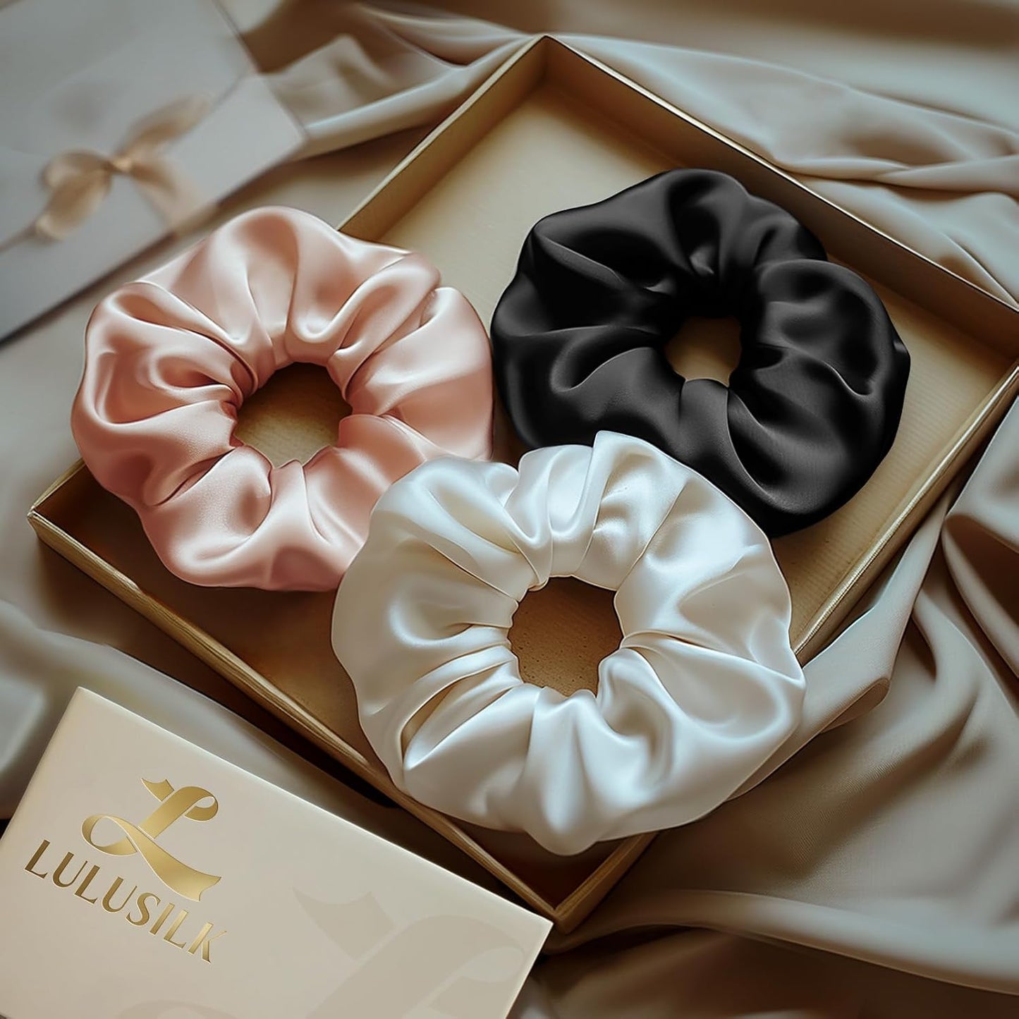 LULUSILK Silk Scrunchies for Hair Sleep, 100% Real Mulberry Silk, No Damage Hair Ties for Women and Girls, Classic Black, Pack of 3