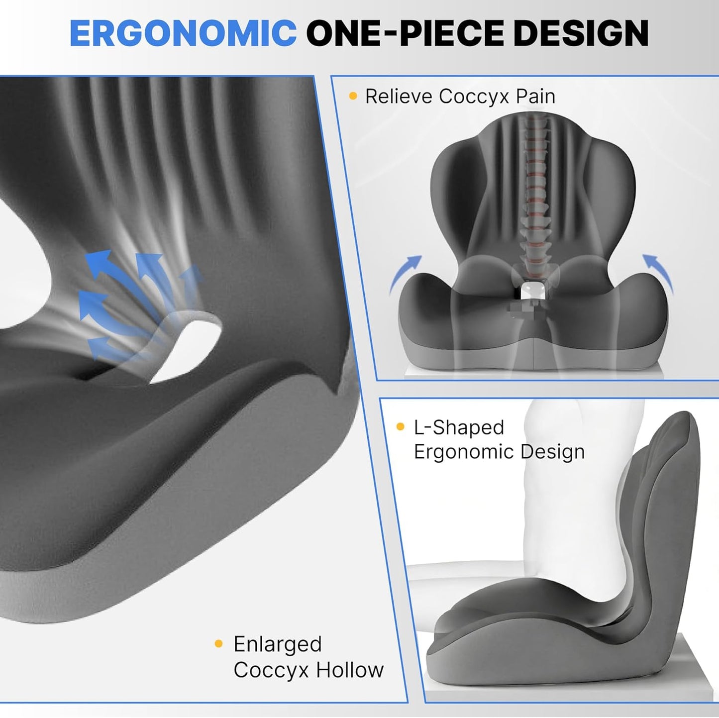 Ergonomic Seat Cushion, Office Chair Seat Cushions with L-Shaped Design, Memory Foam Orthopedic Cushion with Coccyx Hollow, Lumbar Support & Tailbone Pain Relief for Car, Truck, Gaming Chair (Black)