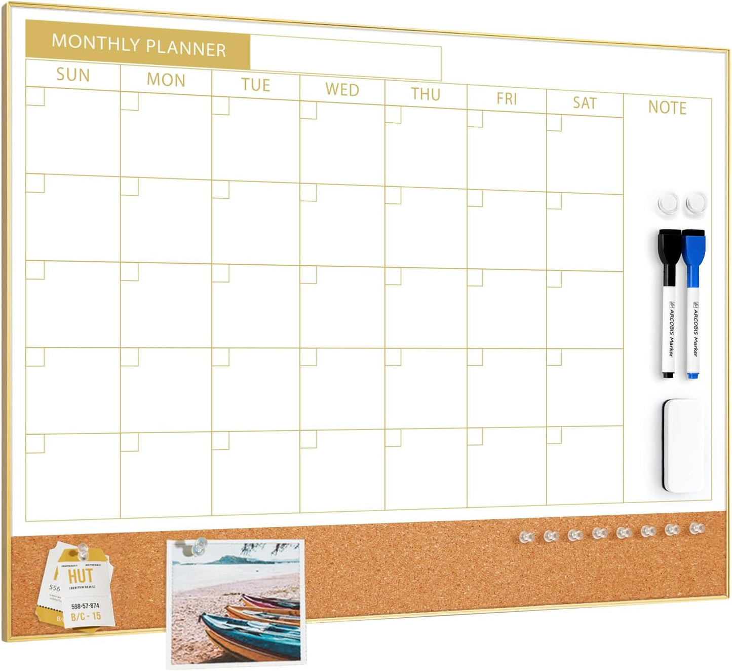 ARCOBIS Dry Erase Calendar with Cork Board for Wall, 24"x 18" Magnetic Calendar Whiteboard with Black Frame, Monthly Combination Board for School, Home, Office