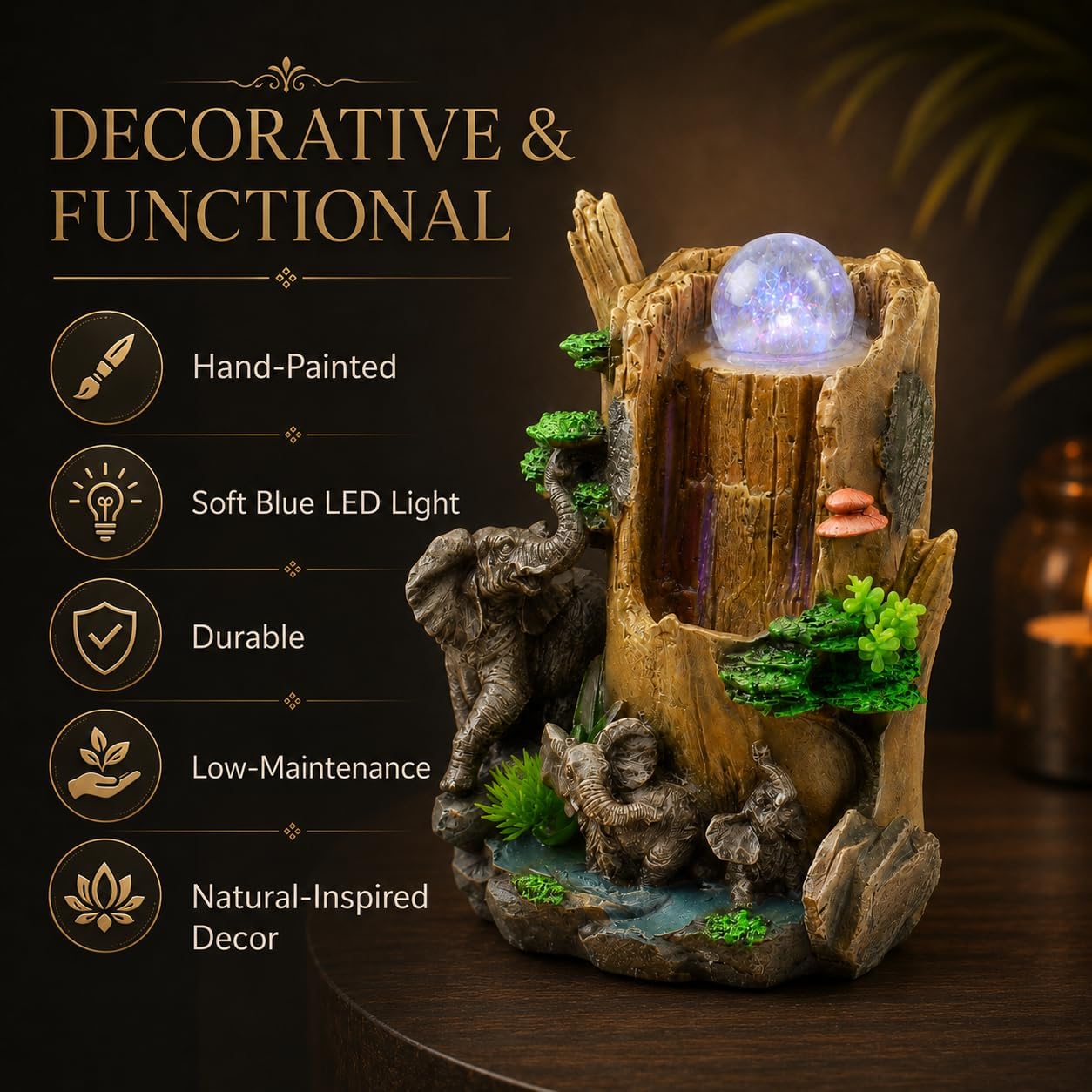 Indoor Tabletop Water Fountain with LED Light, Resin Rock-Look Waterfall Decor, Feng Shui Inspired Zen Fountain for Desk, Office, Bedroom, Living Room & Meditation Space (9" Cascading Rock)