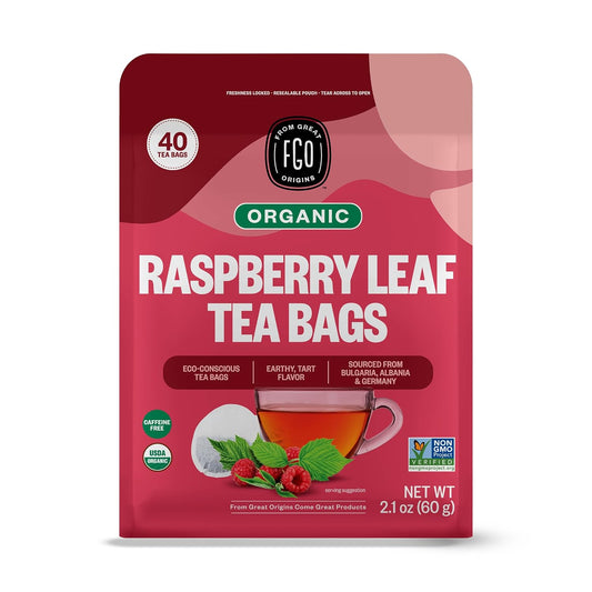 FGO Organic Red Raspberry Leaf Herbal Tea, 40 Count, Eco-Conscious Tea Bags, Caffeine Free (Pack of 1)