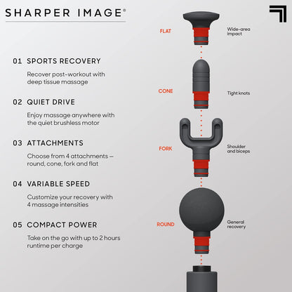 Sharper Image Powerboost Move - Mini Percussion Massage Gun| 4 Attachments, 4 Speeds, FSA Eligible| Full Body Back & Shoulder Massager| Deep Tissue Muscle Recovery| Portable Pain Relief Massage Tool