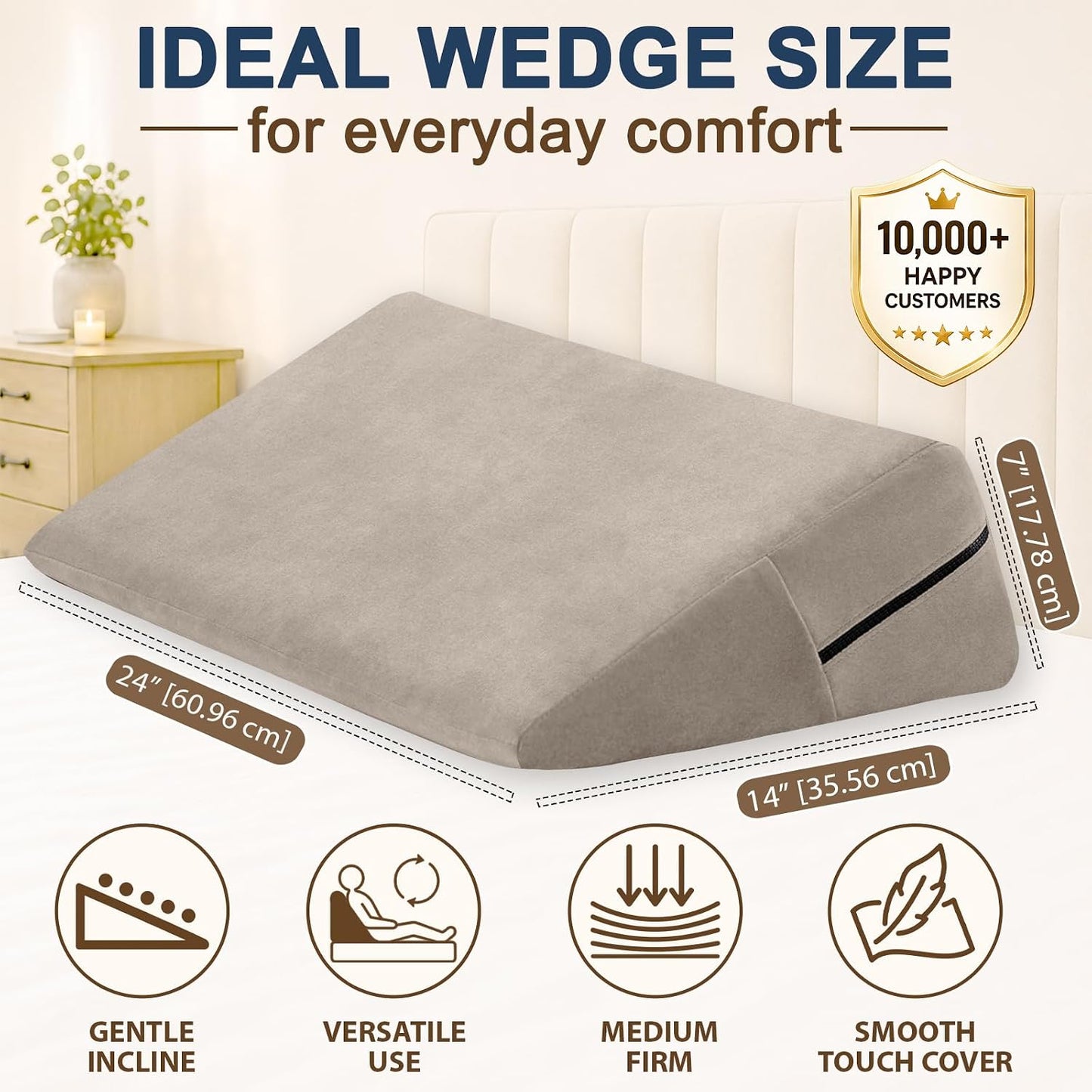 sokoro Bed Wedge Pillow for Sleeping, Small 7 Inch Compact Triangle Wedge Pillow for Acid Reflux, Sleep Apnea & Snoring Relief, Firm Incline for Back Support, Washable Cover (Grey, 24x14x7 in)