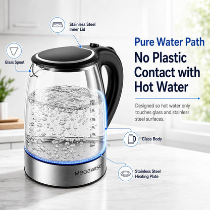 MEGAWISE 1.8L Electric Glass Kettle with Auto Shut-Off and Blue LED