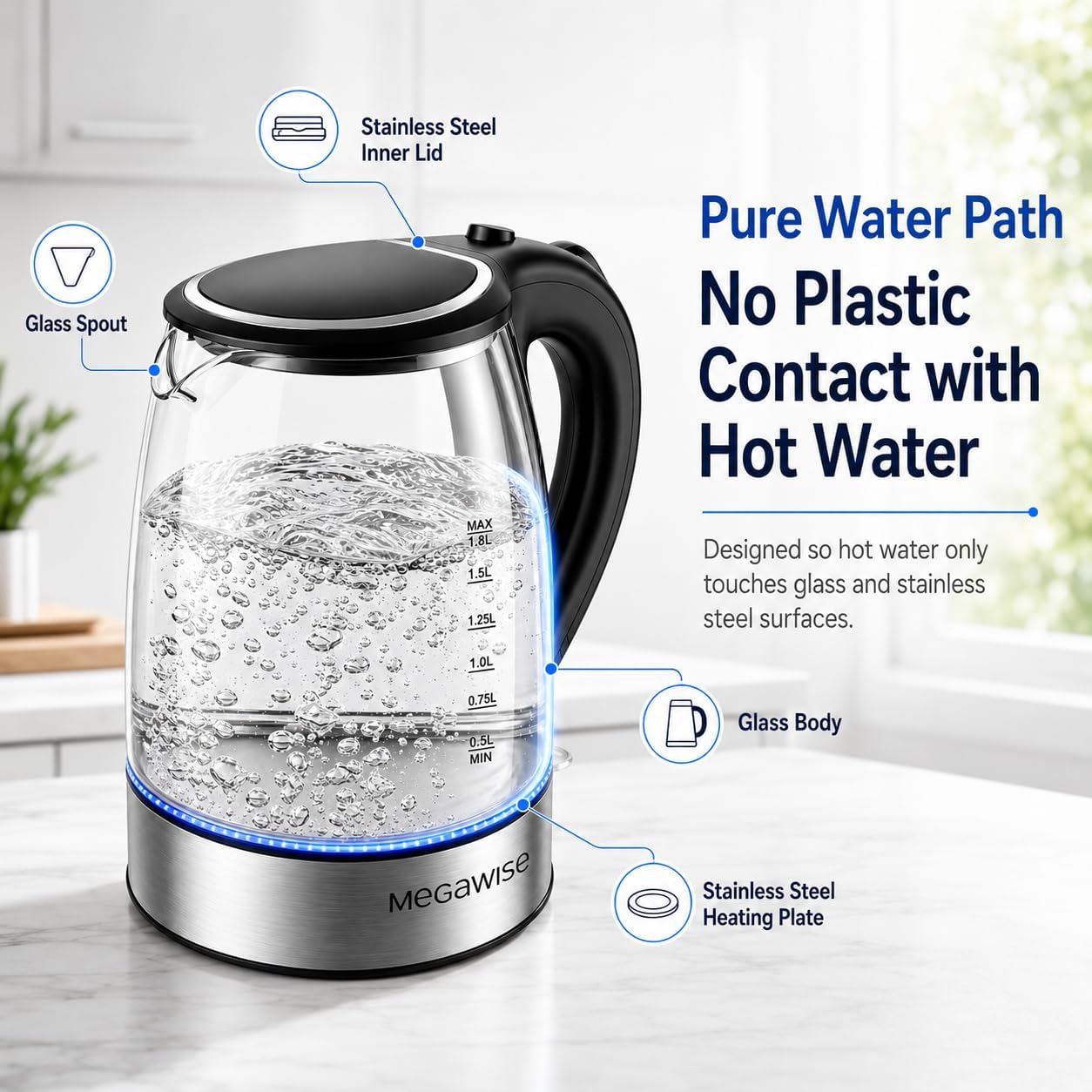 MEGAWISE Electric Kettle 1.8L, High Power Fast Boiling Hot Water Boiler, Auto Shut-Off, BPA-Free Food-Grade Material, Tea Kettle for Kitchen Home Office Coffee Tea