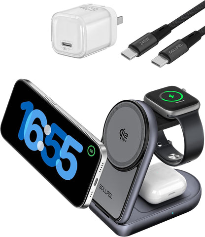 25W 3-in-1 Wireless Charging Station, Foldable MagSafe Charger