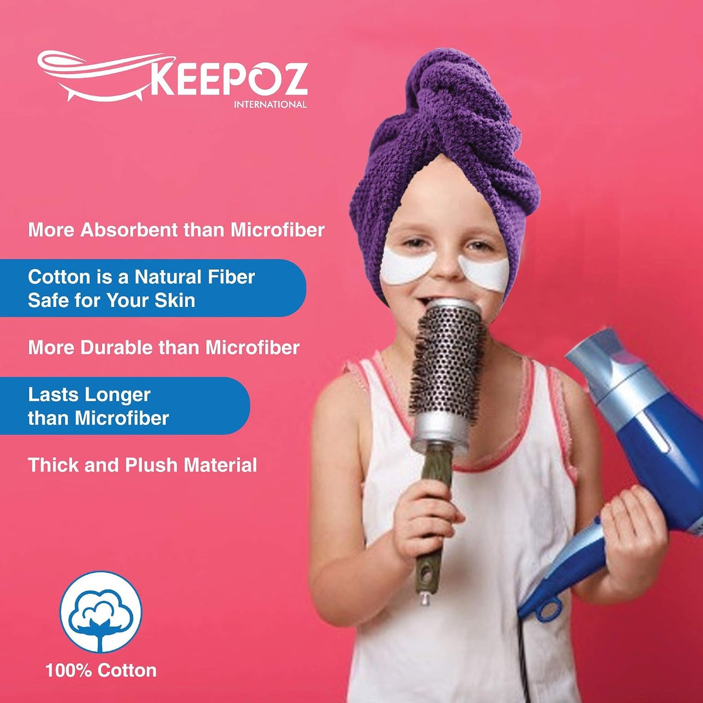 KEEPOZ 100% Cotton Hair Towel Wrap Quick Dry Super Absorbent Turban Head Wrap for Women with Button, Anti Frizz, Hair Cap for Curly, Long & Thick Hair (White, 1 Pc)