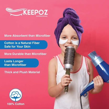 KEEPOZ 100% Cotton Hair Towel Wrap Quick Dry Super Absorbent Turban Head Wrap for Women with Button, Anti Frizz, Hair Cap for Curly, Long & Thick Hair (White, 1 Pc)