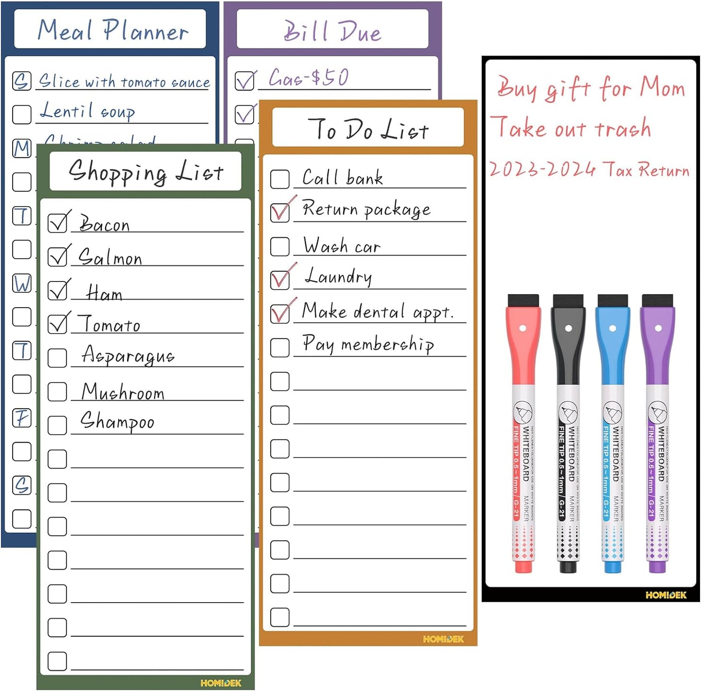 HOMiDEK Dry Erase Whiteboard for Fridge - Magnetic White Board for Refrigerator - 2 Sheets of Weekly Calenders, Monthly Habit Tracker, Memo Pad, to Do List and 4 Markers - 4" x 10"