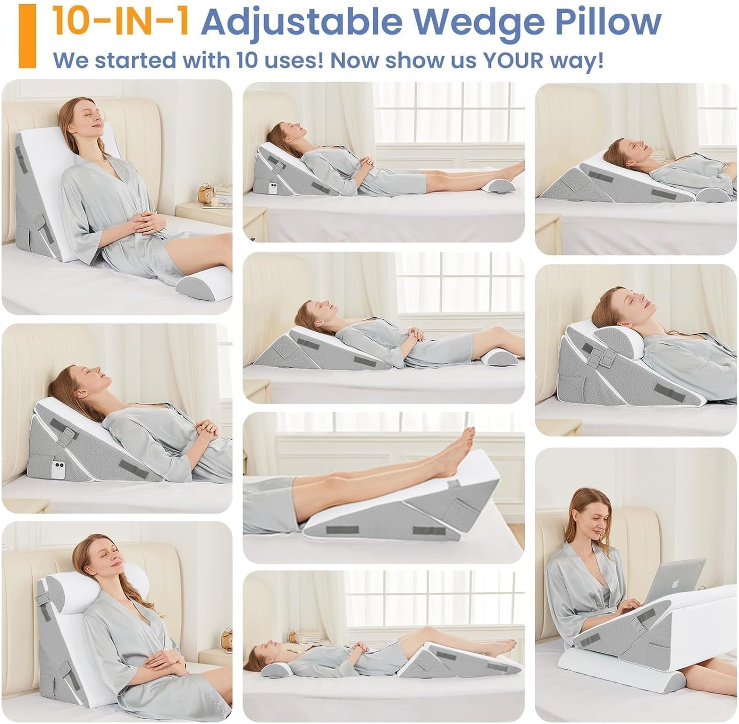 Sasttie Wedge Pillow Set for After Surgery, 2PCS Adjustable Bed Wedge Pillow Headboard with Memory Foam Neck Cushion – for Acid Reflux, Sleeping, Neck & Back Support, Dark Grey & White