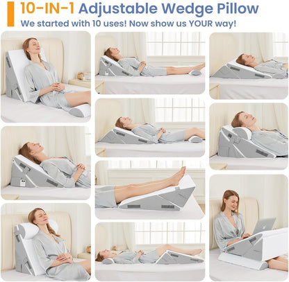 Sasttie Wedge Pillow Set for After Surgery, 2PCS Adjustable Bed Wedge Pillow Headboard with Memory Foam Neck Cushion – for Acid Reflux, Sleeping, Neck & Back Support, Dark Grey & White