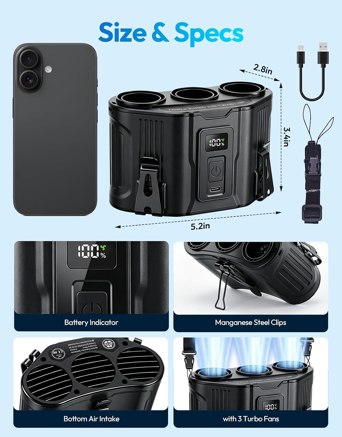 Portable Waist Fan, 12000mAh Rechargeable 3-Turbo Belt Fan