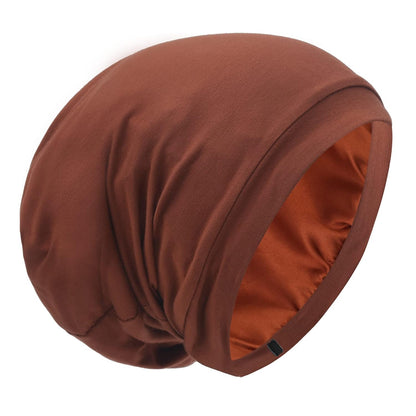 Silk Satin Lined Bonnet Sleep Cap - Adjustable Stay on All Night Hair Wrap Cover Slouchy Beanie for Curly Protection Women and Men Solid Black