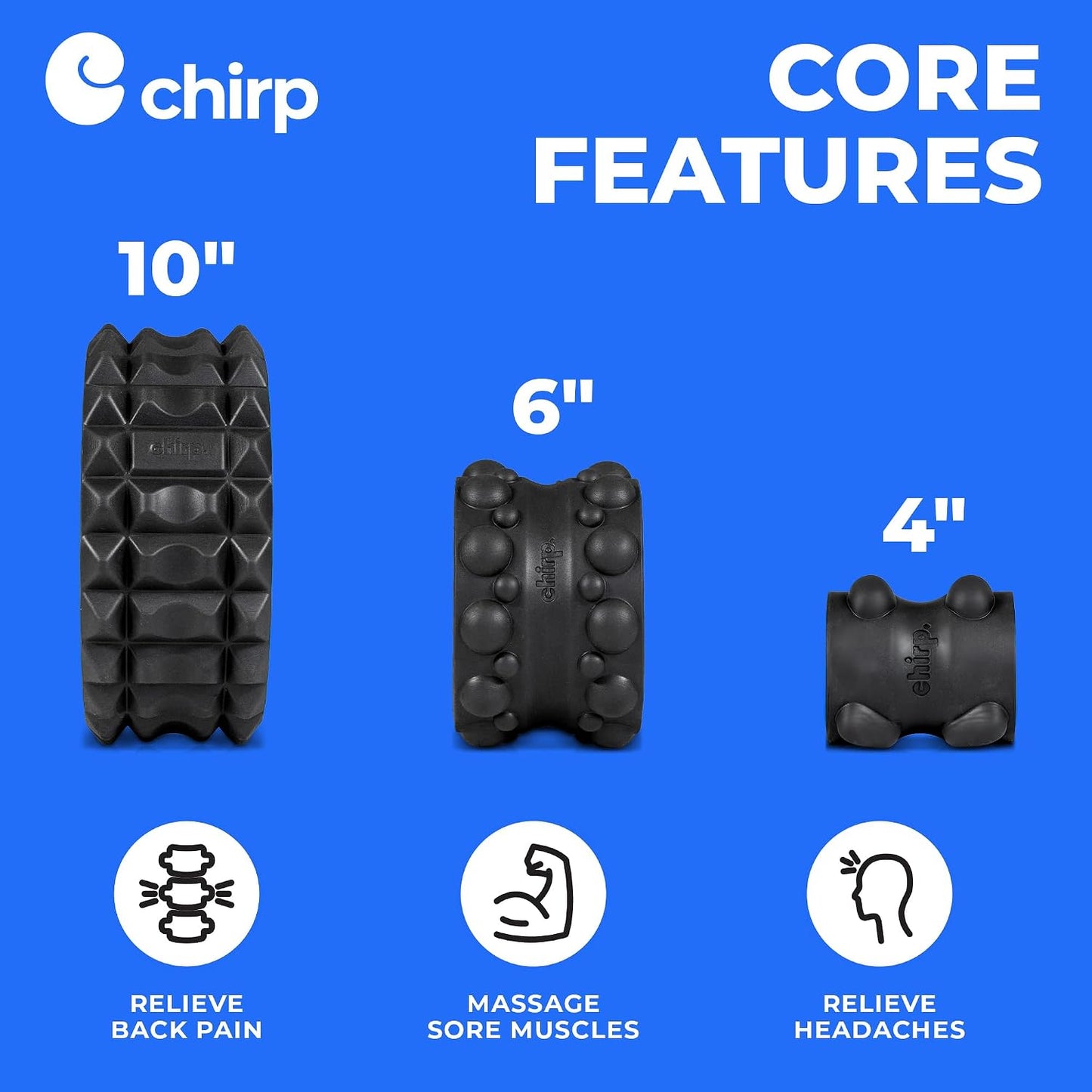 Chirp Wheel XR 3P Massage Roller Set - 10” Acupressure, 6” Knot-Kneading Thumb, 4” Neck & Headache Tension Relief, High Density Foam Massage Rollers for Back & Neck Pain, 500lbs Capacity, Black