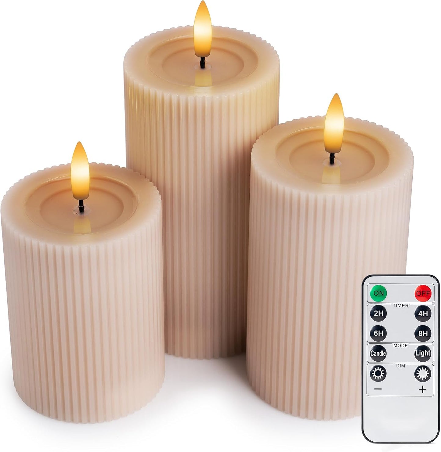 Ribbed Fluted Real Wax Flameless LED Pillar Candles, Loden Sage Olive Green, Melted-Wax Top Look, Flickering Flame, Battery Operated, Remote & Timer, Shelf & Wedding Decor (Set of 3)