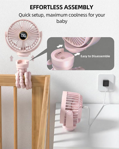 Portable Stroller Mini Fan, Small Rechargeable Personal Fan, Baby Travel Essentials for Wagon, Car Seat, Treadmill, Battery Powered Biking Gear Accessories, 360° Rotation, 3-Speed, Display, Black