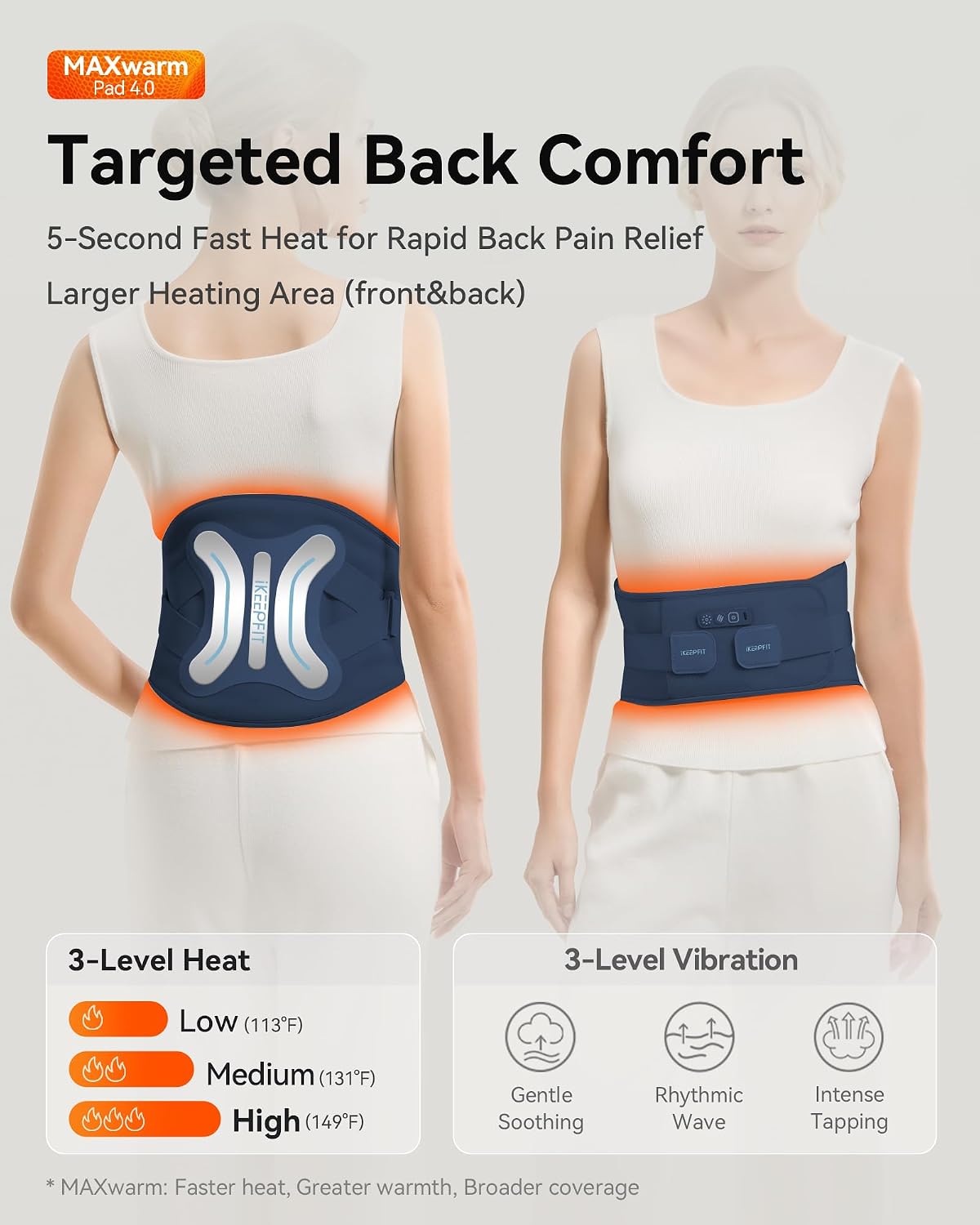 IKEEPFIT Portable Heating Pad for Back, FSA Eligible HSA, Cordless Heat Belt with Massager for Lower Back Pain Relief, Battery Powered 8000 mAh Rechargeable, MAXwarm 3.0, Gift for Women Men 90-310 lb