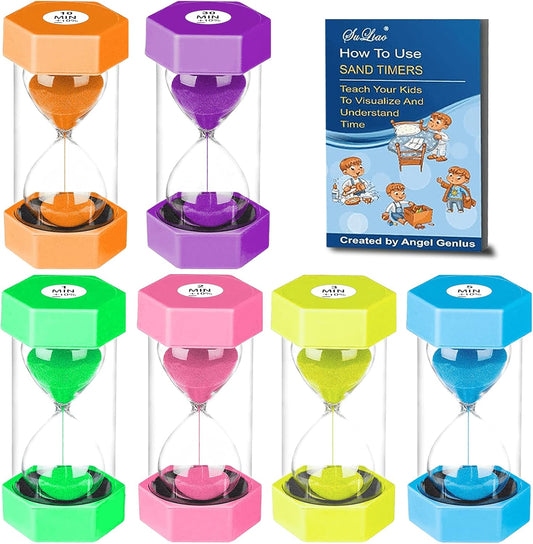 Sand Timers for Kids, 1/2/3/5/10/30 Minutes Acrylic Hourglass Sand Clock, Colorful Plastic Sand Watch Hour Glass Sandglass for Classroom, Games, Kitchen (Pack of 6)