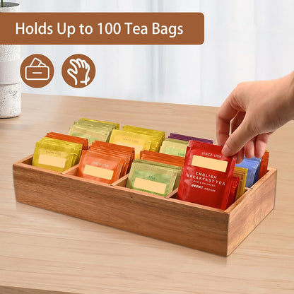 Acacia Wood Tea Bag Organizer with 8 Slots – Tea Bag Holder and Tea Organizer, Sugar Packet Storage for Countertops