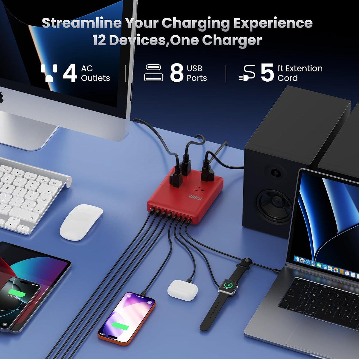 12-in-1 Charging Station USB C Power Strip with 5ft Cord and Plug,200W GaN IV USB C Charger Block,4 AC Outlets,8 USB for MacBook,iPhone 17/16/15,Fast Charging Desktop Charger for Office,Home