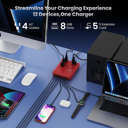 12-in-1 Charging Station USB C Power Strip with 5ft Cord and Plug,200W GaN IV USB C Charger Block,4 AC Outlets,8 USB for MacBook,iPhone 17/16/15,Fast Charging Desktop Charger for Office,Home