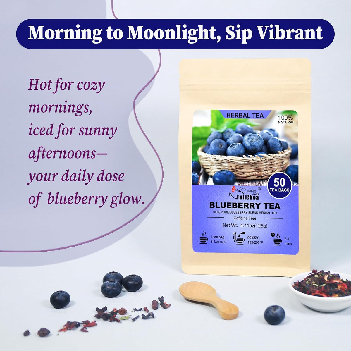 FullChea - Blueberry Tea Bags, 50 Count, Fruit Blend Herbal Tea
