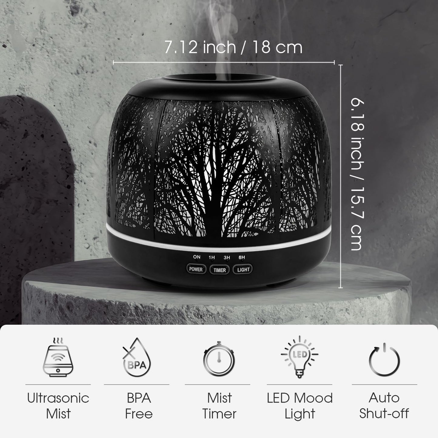 ARVIDSSON Essential Oil Diffuser 500ml, Aromatherapy Diffuser for Home, Ultrasonic Diffusers for Essential Oils, Metal Oil Diffuser with 7 Color LED Lights, Mist Timer and Auto Shut-Off Function
