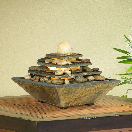 Pyramid 10" High Small Zen Modern Indoor Decor Slate Stone Tabletop Fountain with Light Waterfall Feng Shui Ball Rock Water Feature for Desk Relaxation Bedroom Living Room Countertop - John Timberland