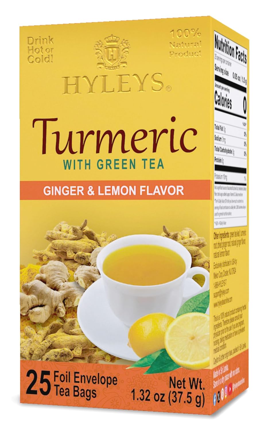 HYLEYS Turmeric Green Tea with Ginger and Lemon, Kosher, 25 Tea Bags