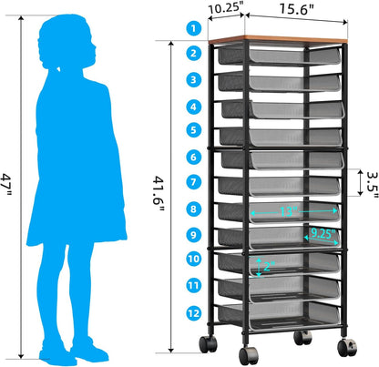 Simple Trending 12-Tier Rolling File Cart, Desk File Organizer with 11 Mesh Sliding Trays, Letter & Legal Paper Storage Rolling Utility Cart for Office Home School, Black